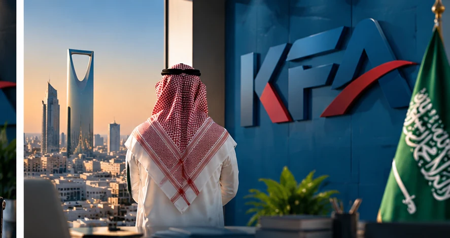 مشهد من مكتب أعمال سعودي يطل على الرياض وخلفه جدارية شعار KFA