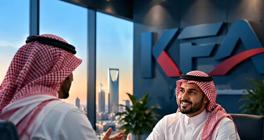 لقاء عمل سعودي في مكتب عصري وشعار KFA على جدارية خلف الفريق